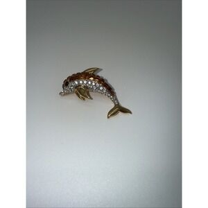 Gold Tone Amber And Crystal Rhinestones Dolphin Brooch